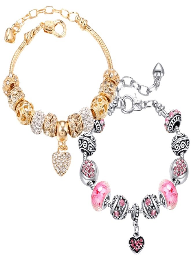 XINJIDUO 14K Gold Plated Love Locked Bracelets for Women, 2 Pcs, Gold and Pink, 7.5" + 1.5" Extender, with Crystal, Love Heart Charm - Image 1
